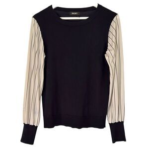 DKNY navy striped sleeve mixed media sweater blouse M
